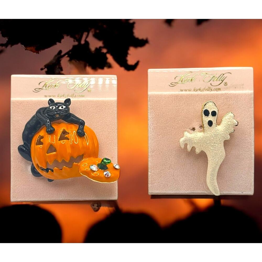 Kirks Folly Halloween Brooches Black Cat with Jack O Lantern & Ghost Festive
